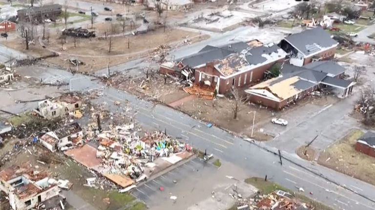 Drone footage of storm damage in Wayne, Arkansas.