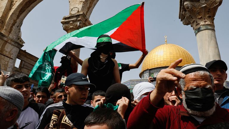 Palestinians demonstrate at Al Aqsa Mosque during Ramadan in 2023