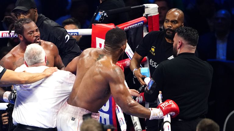 Anthony Joshua clashes with Jermaine Franklin and a member of Franklin&#39;s coaching staff