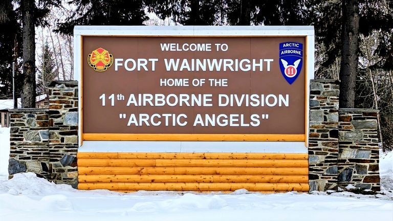 FILE - This photo provided by Fort Wainwright Public Affairs Office shows a recently installed new sign at the main entry point to U.S. Army Garrison Alaska Fort Wainwright on April 5, 2023, in Fairbanks, Alaska. The U.S. Army says three soldiers have been killed and another has been injured after two helicopters collided and crashed in Alaska while returning from a training flight, Thursday, April 27, 2023. The helicopters were from the 1st Attack Battalion, 25th Aviation Regiment at Fort Wainwright, based near Fairbanks.  (Eve Baker/Fort Wainwright Public Affairs Office, File)