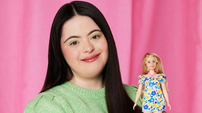 British model Ellie Goldstein with Barbie's first doll with Down's syndrome