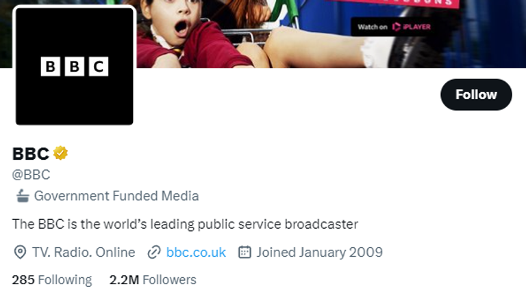 Twitter screengrab showing BBC as &#39;Government Funded Media&#39;