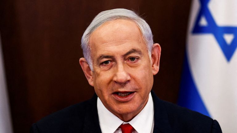 Israeli Prime Minister Benjamin Netanyahu convenes a cabinet meeting at the Prime Minister&#39;s office in Jerusalem, April 2, 2023. REUTERS/Ronen Zvulun/Pool