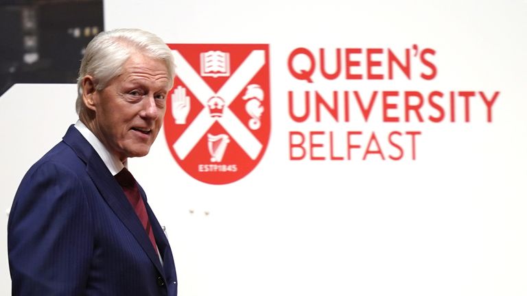 Bill Clinton prepares to speak at the international conference to mark the 25th anniversary of the Good Friday Agreement