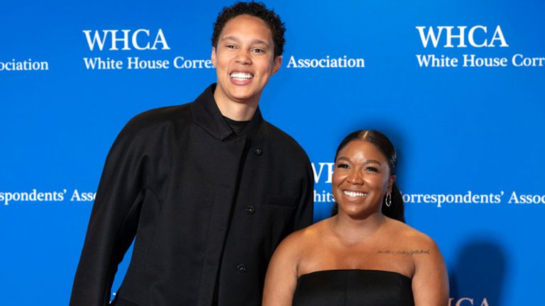 Brittney Griner and her wife Cherelle Griner poses for photographers as they arrives at the annual White House Correspondents&#39; Association Dinner in Washington, Saturday, April 29, 2023. (AP Photo/Jose Luis Magana)