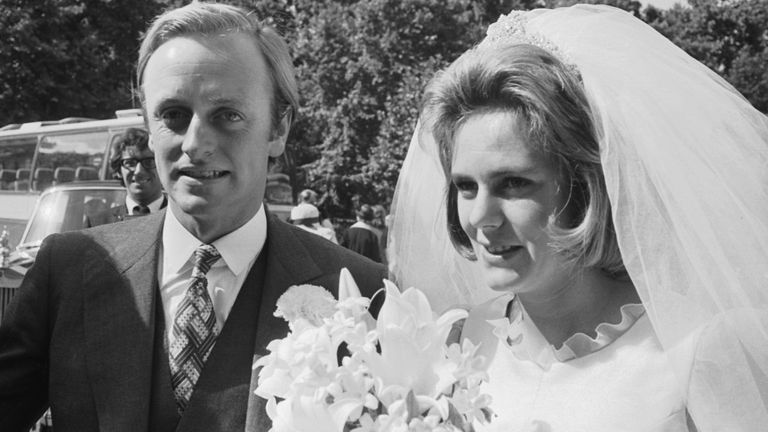 Camilla Shand marries Major Andrew Parker-Bowles at the Guards Chapel, Wellington Barracks, 4th July 1973. (Photo by Wood/Express/Hulton Archive/Getty Images)