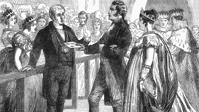 Kral IV. George'un eşi Kraliçe Caroline, 19 Temmuz 1821'deki Taç Giyme Günü'nde Westminster Abbey'den zorla çıkarıldı. Res.  Granger/Shutterstock 