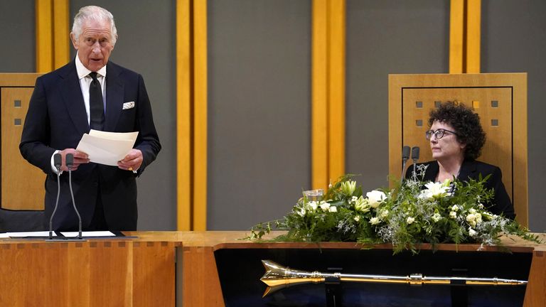 King Charles III speaking after receiving a Motion of Condolence at the Senedd in Cardiff, following the death of Queen Elizabeth II as Llywydd (presiding officer) Elin Jones listens (right). Picture date: Friday September 16, 2022. Pic: PA Images