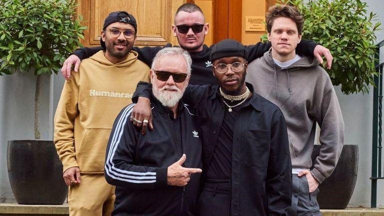 L-R: Manon Dave, Queen&#39;s Roger Taylor, Oliver Hutch, Che Lingo and Josh Hawkins outside Abbey Road Studios, where Lingo, Dave, Hutch and Hawkins recorded My Radio using Freddie Mercury&#39;s vocals from Radio Gaga