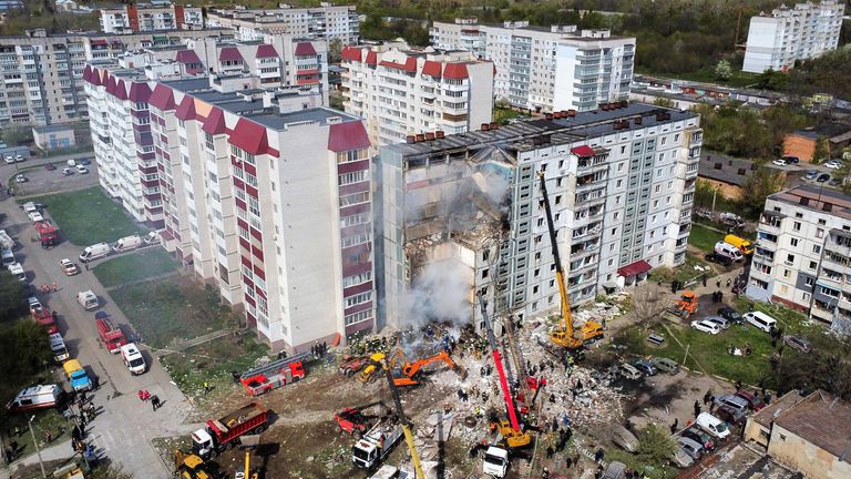 An aerial view shows a residential building heavily damaged by a Russian missile, amid Russia&#39;s attack on Ukraine, in the town of Uman, Cherkasy region, Ukraine April 28, 2023. REUTERS/Yan Dobronosov