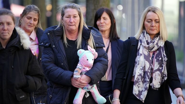 Cheryl Korbel, (centre) mother of nine-year-old Olivia Pratt-Korbel, arrives at Manchester Crown Court 