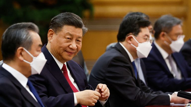 Chinese President Xi Jinping attends a meeting with French President Emmanuel Macron at the Great Hall of the People in Beijing, China April 6, 2023. REUTERS/Gonzalo Fuentes/Pool