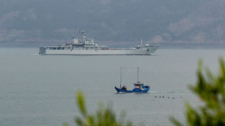 A Chinese warship takes part in a military drill off the Chinese coast near Fuzhou, Fujian Province, across from the Taiwan-controlled Matsu Islands, China 