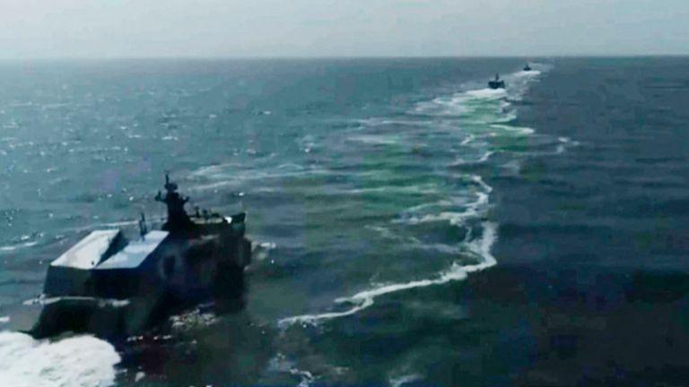 Chinese navy ships take part in a military drill in the Taiwan Strait. Pic: CCTV via AP