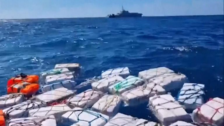 Police pull millions of euros worth of cocaine out of the sea after a surveillance plane spotted the large island of floating packages. Authorities found 1600 packets of cocaine weighting a total of 2,000 kilos.