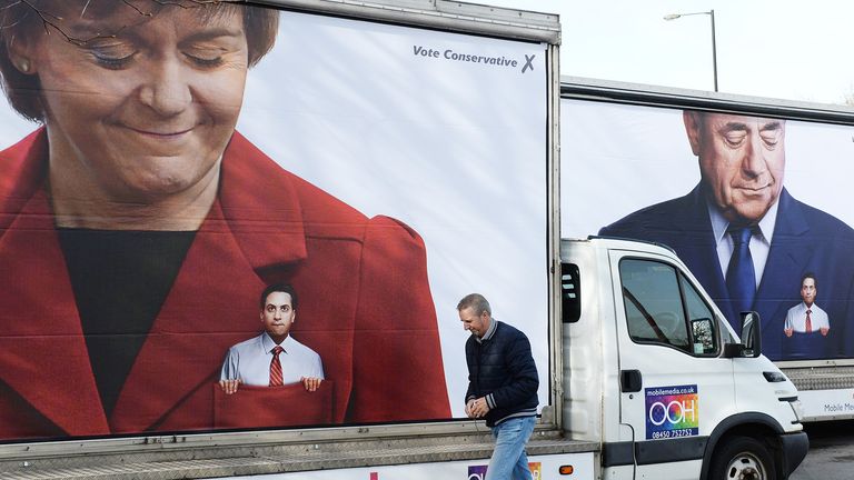 Conservative Party campaign posters outside Granada TV Studios in Manchester, where Labour Party leader Ed Miliband launched his party&#39;s manifesto.