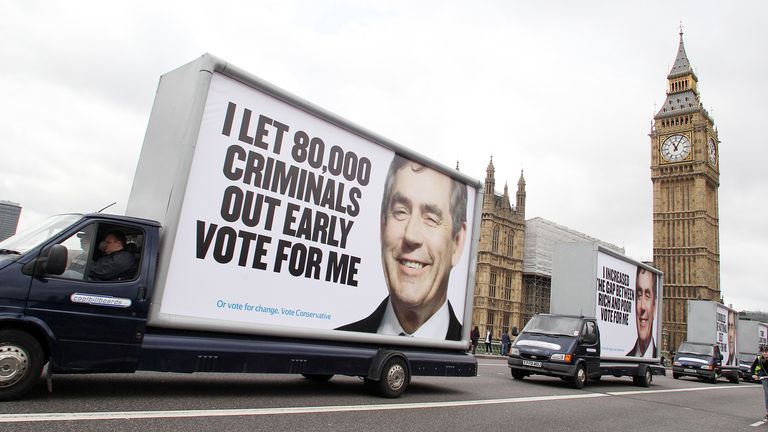 The Conservative Party display their new poster campaign by driving them past the Houses of Parliament in central London.