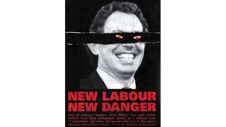 The Conservative Central Office unveiled their latest pre-election campaign weapon, a poster depicting Tony Blair with demonic eyes.