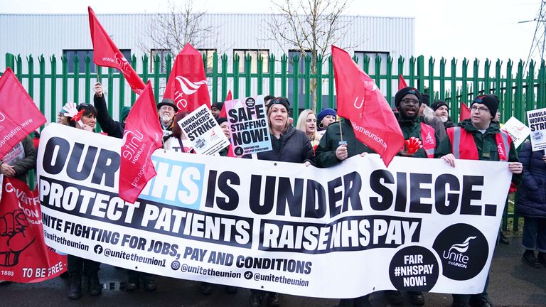 Ambulance workers on the picket line outside ambulance headquarters in Coventry, as paramedics, ambulance technicians and call handlers walk out in England and Wales, in a strike co-ordinated by the GMB, Unison and Unite unions over pay and conditions that will affect non-life threatening calls. Picture date: Wednesday December 21, 2022.