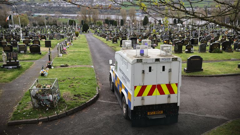 A PSNI vehicle inside Derry City Cemetery, which is temporarily closed as Army Technical Officers check for devices, following a dissident Republican parade in the Creggan area of Londonderry on Easter Monday. Picture date: Tuesday April 11, 2023.