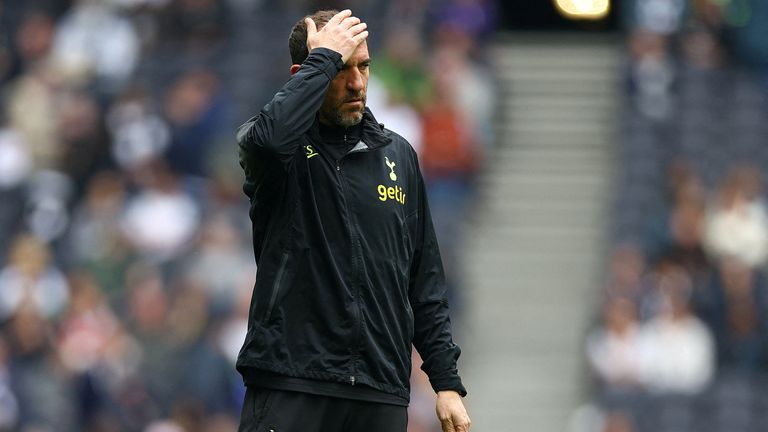 Cristian Stellini looking worried during his brief stint as interim head coach of Tottenham Hotspur