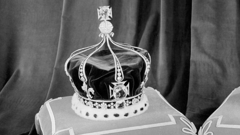 Queen&#39;s Mary Crown, which will contain cuts of the Cullinan diamond when it is worn by Camilla at her coronations, is seen in 1952
