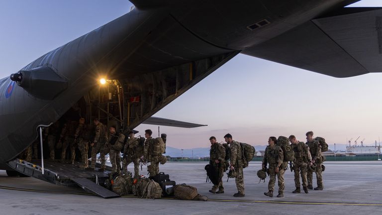 Ministry of Defence handout photo of personnel of 40 Commando Brigade and the Joint Force Head Quarters deployed to Cyprus in support of the FCDO Non-combatant Evacuate Operation to remove personnel from Sudan receive early morning briefs, prepare and depart RAF Akrotiri on C-130 Hercules aircraft. Around 1,400 military personnel are involved in the "large-scale" evacuation of UK nationals after a three-day ceasefire was agreed. Issue date: Tuesday April 25, 2023.
