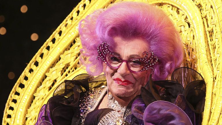Australia&#39;s Dame Edna Everage speaks to the media ahead of her farewell show, Eat Pray Laugh, in Sydney, Australia,  Thursday, July 5, 2012. Mrs Everage played by Barry Humphies has performed on Stage and TV in Australia, the UK and USa since 1959. (AP Photo/Rob Griffith)