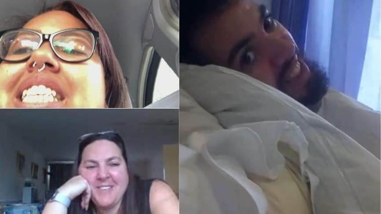 Daniel Cain speaking to his sister, Natalie, top left, and mum Tracey, bottom left, via Skype while in hospital during the pandemic 