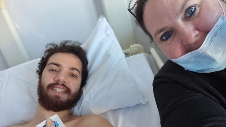 Daniel and Tracey Cain pictured in hospital in April 2021, almost a year after he was &#39;spiked&#39; Pic: Tracey Cain