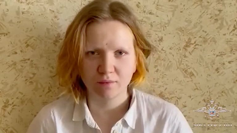 Darya Trepova, suspected of bringing explosives to the cafe where war blogger Vladlen Tatarsky (real name Maxim Fomin) was killed in an explosion the day before, speaks on camera during her arrest in Saint-Petersburg