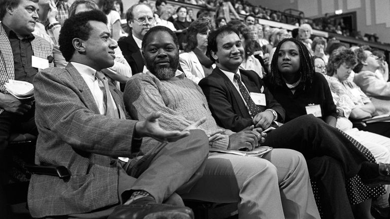 Labour MPs sit together during the heated debate on black sections on the final day of the Party conference in Brighton. (l-r) Paul Boateng, Bernie Grant, Keith Vaz and Diane Abbott. John Prescott can be seen, 2nd row, left.