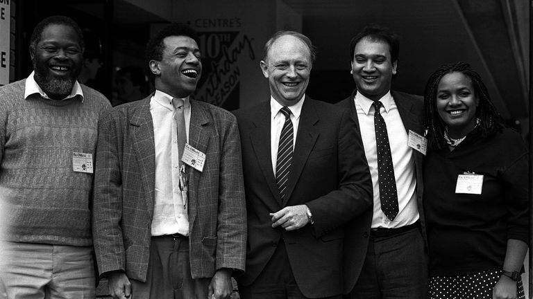 BRIGHTON 1987: Some of Labour's black and Asian MPs line up with party leader Neil Kinnock on the last day of the conference. (l-r) Bernie Grant, Paul Boateng, Neil Kinnock, Keith Vaz and Diane Abbott (Britain's first black woman MP).