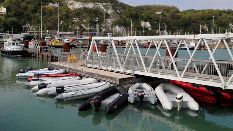 Dinghies tied up in Dover, Kent after they were used in Channel migrant crossings. File pic