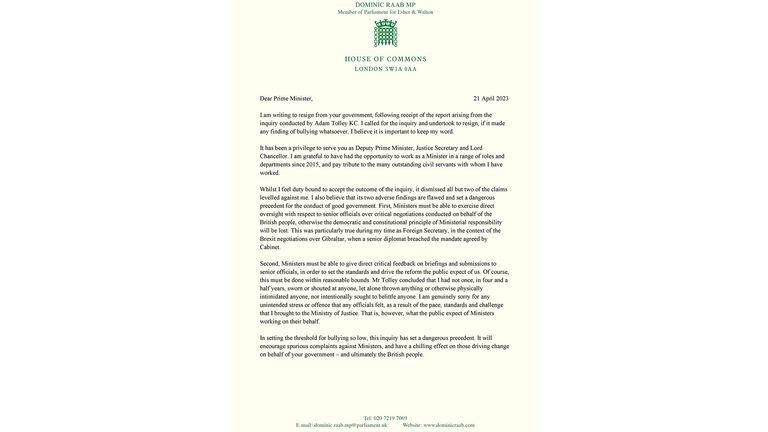 Dominic Raab resignation letter