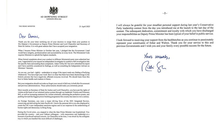 Rishi Sunak letter to Dominic  Raab