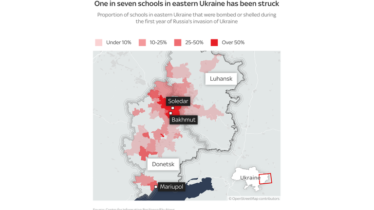 One in seven schools in eastern Ukraine has been struck