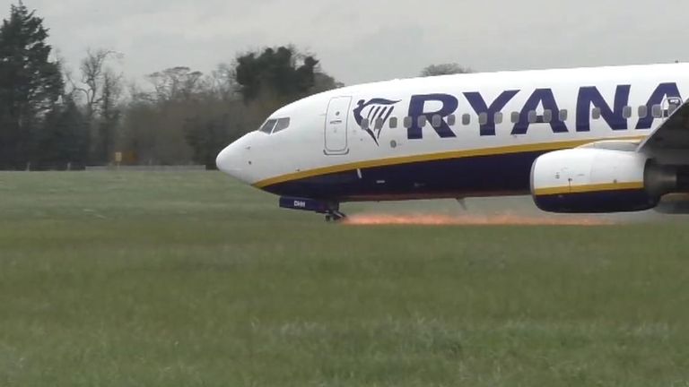 Dublin airport said flights were delayed after sparks flew from the nose landing gear of a Ryanair plane. In a statement, Ryanair said that the flight experienced a &#39;minor technical issue&#39;. 