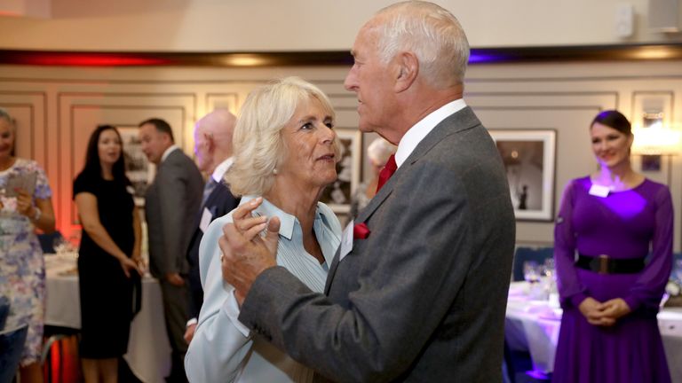 The Duchess of Cornwall dances with Len Goodman during a celebratory tea dance at the Victory Services Club in London to celebrate the 90th anniversary of the British Dance Council. PA Photo. Picture date: Thursday September 5, 2019. See PA story ROYAL Camilla. Photo credit should read: Chris Jackson/PA Wire                                                                                                         