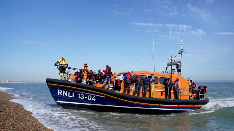 A group of people thought to be migrants are brought in to Dungeness, Kent, onboard the RNLI Life Boat following a small boat incident in the Channel. Picture date: Tuesday April 4, 2023.

