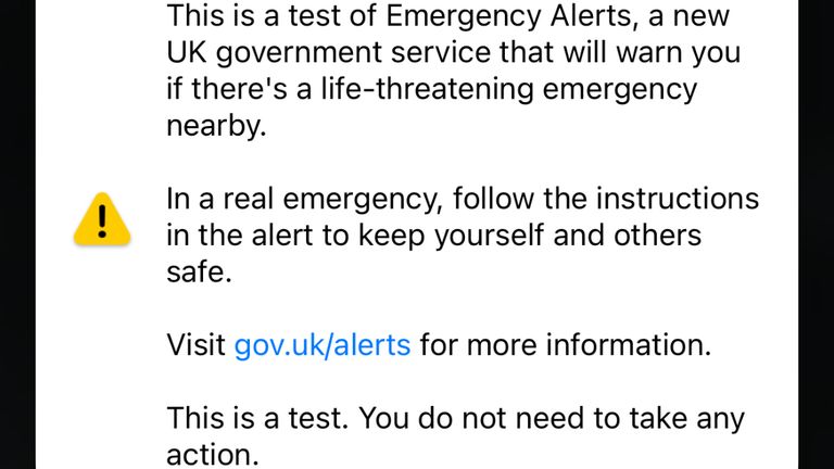 The emergency alert test was sent on Sunday afternoon