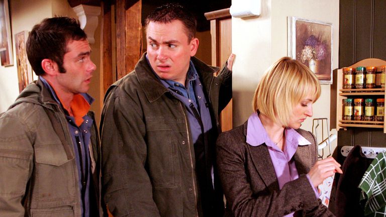 From left: Daniel Brocklebank, Dale Meeks and Nicola Wheeler in an Emmerdale episode in 2006. Pic: ITV/Shutterstock