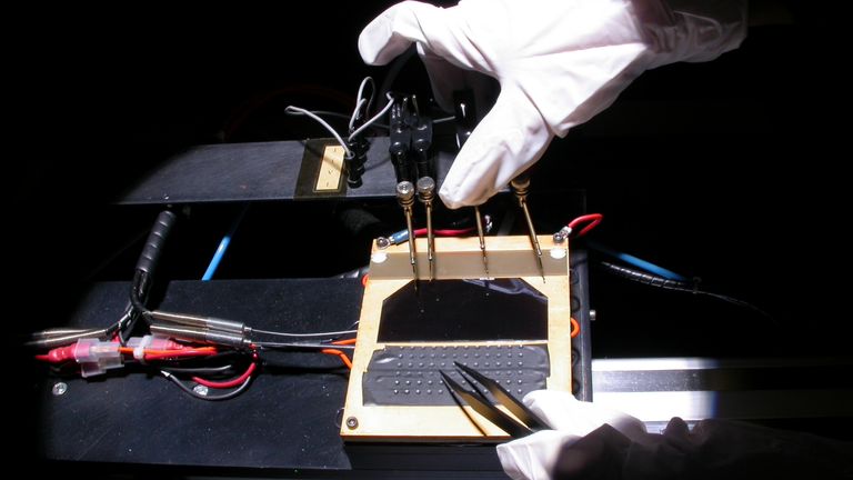 Preparing to test a standard triple junction solar cell for the Juice mission. Pic: ESA