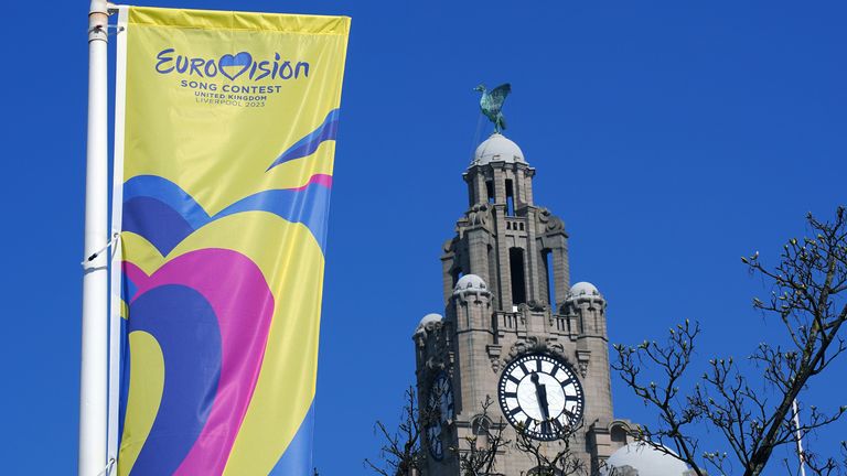 A banner promoting the Eurovision Song Contest near The Royal Liver Building in Liverpool, Merseyside