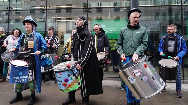 Extinction Rebellion demonstrators take part in a protest outside Department for Energy in London, on day one of the environmental action group&#39;s four days of action that they have called &#34;The Big One&#34;. Picture date: Friday April 21, 2023.
