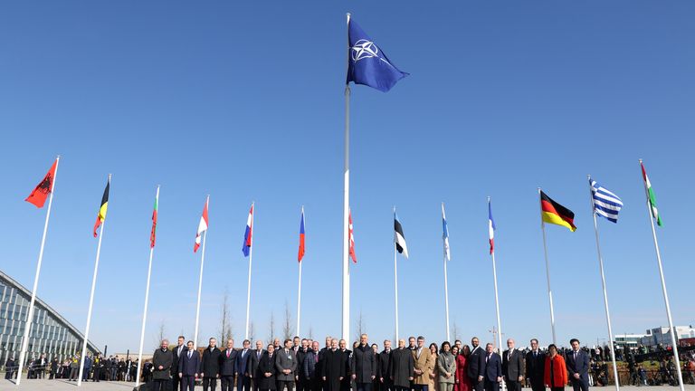 Officials attend a flag-raising ceremony for Finland&#39;s accession at the NATO foreign ministers&#39; meeting at the Alliance&#39;s headquarters in Brussels, Belgium April 4, 2023. REUTERS/Johanna Geron/Pool