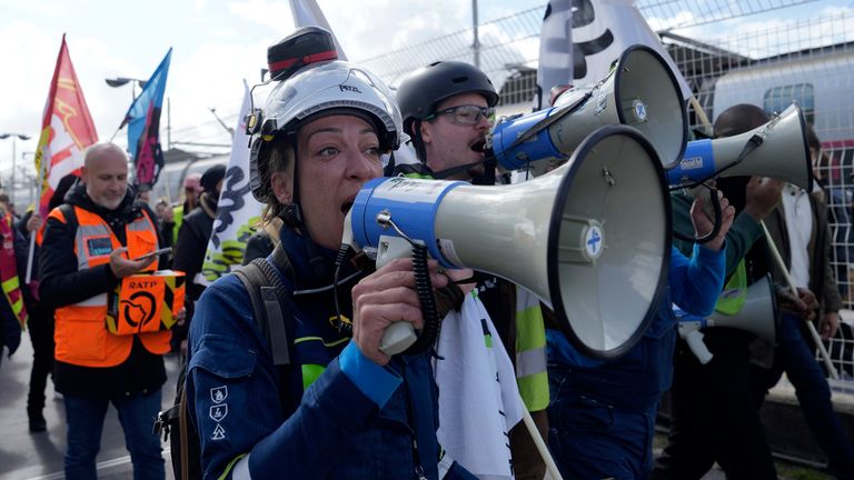 Striking railway workers demonstrate at the Gare de Lyon train station in Paris Pic: AP 