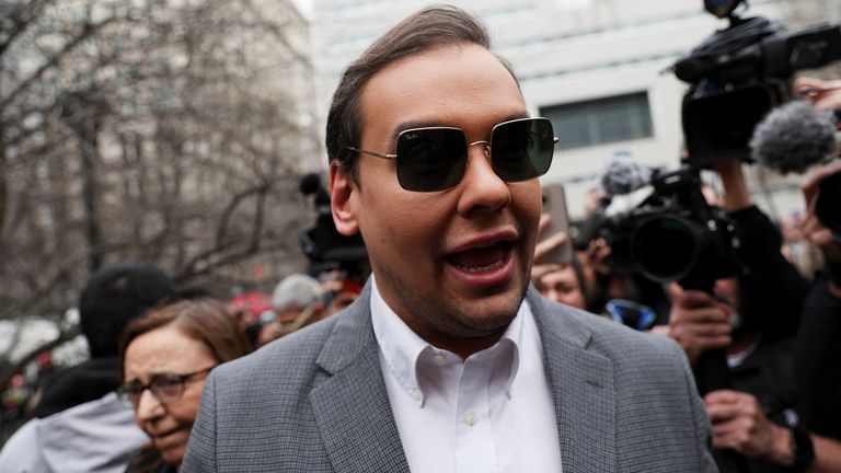U.S. Representative George Santos (R-NY) talks outside Manhattan Criminal Courthouse, on the day of Trump&#39;s appearance to court after his indictment by a Manhattan grand jury following a probe into hush money paid to porn star Stormy Daniels, in New York City, U.S., April 4, 2023. REUTERS/Shannon Stapleton
