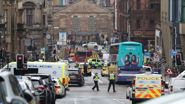 The scene in West George Street, Glasgow, where a man has been shot by an armed officer after another officer was injured during an attack. PA Photo. Picture date: Friday June 26, 2020. See PA story POLICE WestGeorgeSt. Photo credit should read: Andrew Milligan/PA Wire