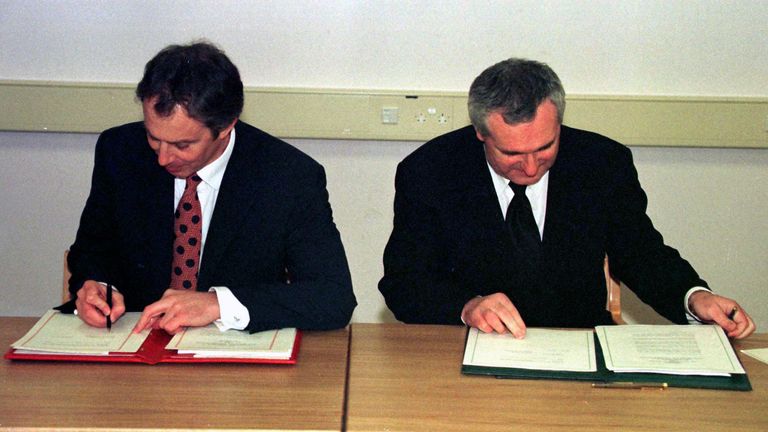 EMBARGOED TO 0001 MONDAY APRIL 3 File photo dated 10/04/98 of then prime minister Tony Blair (left) and then Taoiseach Bertie Ahern signing the Good Friday peace agreement, which stated that the people of Northern Ireland will decide democratically their own future. Blair was advised that he should use the "Government machine" to push for a yes vote in the referendum on the Good Friday Agreement - but not to the extent that it would risk calling the result of the historic vote into question. Sir